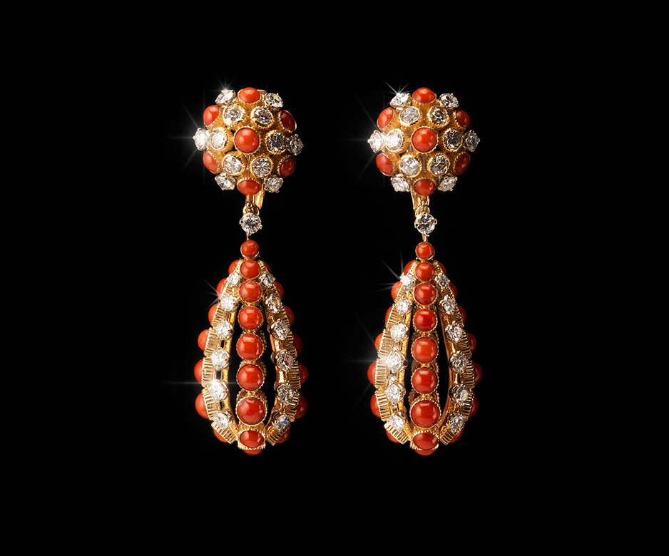 C. 1950 Vintage Red Coral and Black Onyx Drop Earrings with 2.35 ct. t.w.  Diamonds in Platinum | Ross-Simons